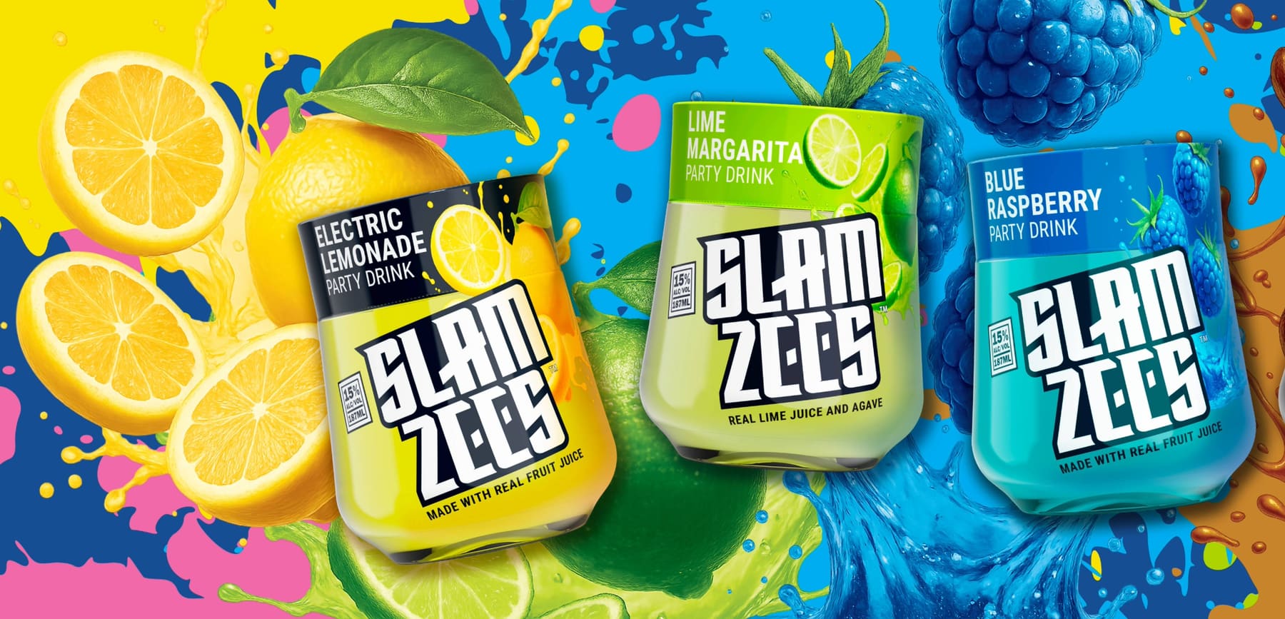 SLAMZEES Electric Lemonade, Lime Margarita, and Blue Raspberry bottles